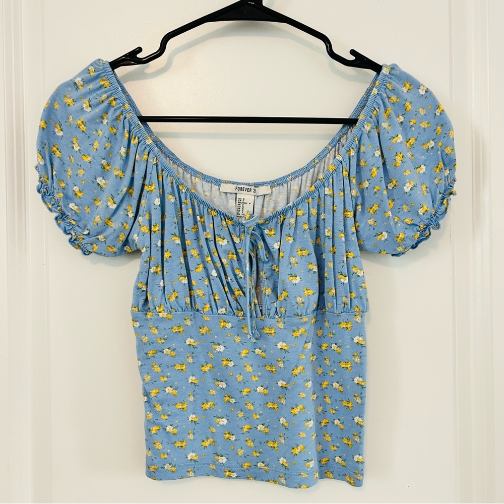 Forever 21 Blue Puff Sleeve Smocked Blouse